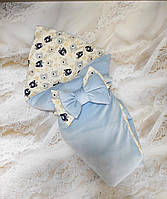Зимний конверт одеяло для новорожденных, велюровый на хлопковой подкладке, голубой