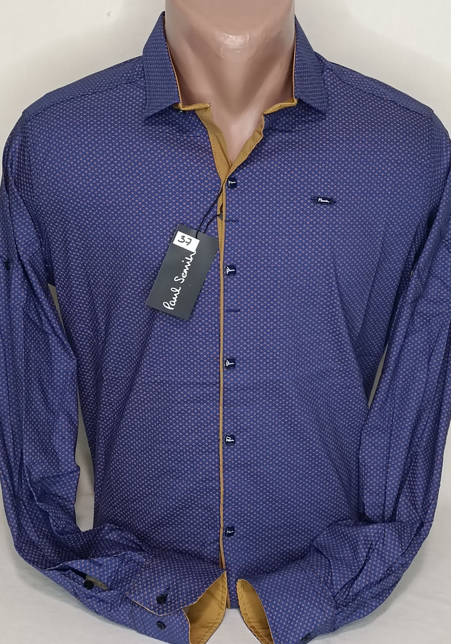 Сорочка чоловіча Paul Smith vd-0037 синя приталена в принт із довгим рукавом Туреччина
