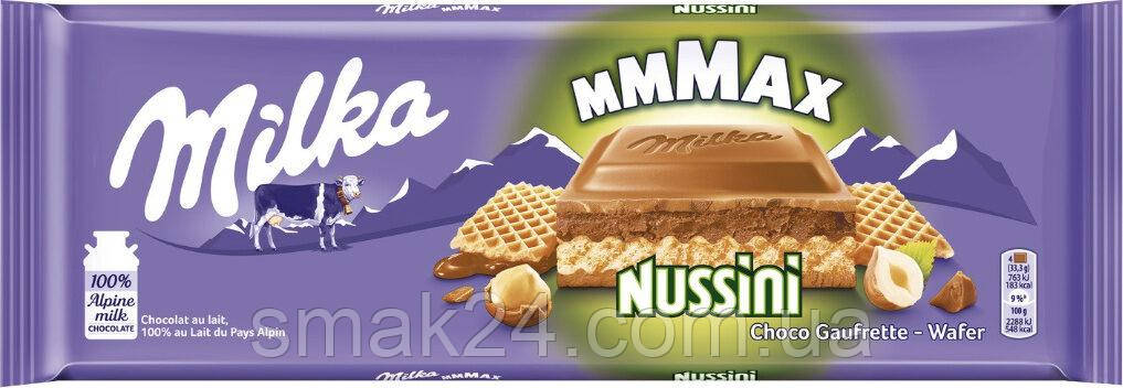 Шоколад молочний із вафлею і фундуком Milka Choco Nussini Швейцарія 270г