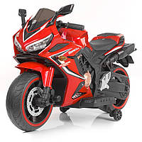 Детский мотоцикл на аккумуляторе красный (синий, белый), кожаное сидение, свет/звук, колеса EVA, M 4839L-3.