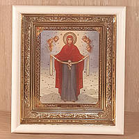 Икона Покров Пресвятой Богородицы, лик 10х12 см, в белом прямом деревянном киоте