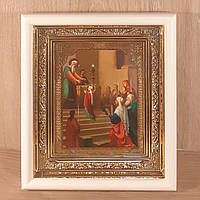 Икона Введение во храм Пресвятой Богородицы, лик 10х12 см, в белом прямом деревянном киоте