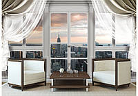 Флизелиновые фотообои красивые 3D Вид из большого окна со шторами на небоскребы Нью-Йорка (10623V)+клей