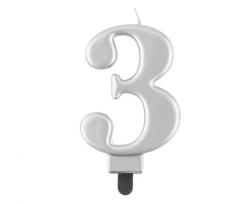 ПК Свічка для торту цифра 3 металік срібна, 8,0 cm