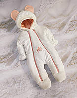 Велюровый теплый комбинезон на флисе для новорожденных, белый с вышивкой