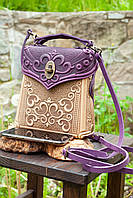 Маленька авторська Сумочка-рюкзак шкіряна бежева з фіолетовим з орнаментом тисненням