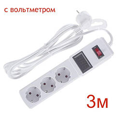 Електричний подовжувач 3 розетки 3м з кнопкою, з вольтметром 2500W, LMK71005