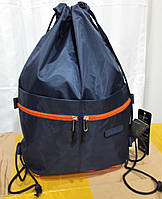 Рюкзак мішок сумка тканинна для змінного взуття на шнурках синій з жовтогарячим із кишенями спереду Dolly 832
