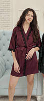 Комплект піжама з шовку Армані (халат, майка, шорти) Christel 096 з мереживом марсала вишневий S