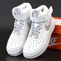 Кроссовки женские и мужские Nike Air Force 1 Mid white / Найк аир Форс 1 мид белые рефлективные