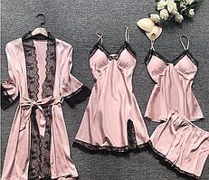 Атласний комплект із щільного атласу рожевого кольору: халат, сорочка топ та шортики