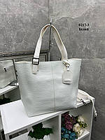 Белый без логотипа - стильная большая сумка, экокожа с тиснением под крокодила (0217-3)