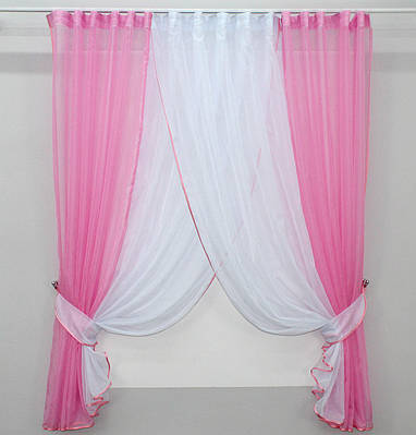 Кухонні шторки (400х170см.) з підв'язками. Колір рожевий з білим. Код 096к 50-807