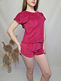 Жіночий велюровий домашній комплект трійка халат футболка шорти малиновий, фото 4