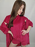 Жіночий велюровий домашній комплект трійка халат футболка шорти малиновий, фото 3