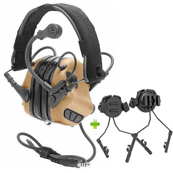 Активні навушники з гарнітурою Earmor M32 Coyote Brown + Кріплення на каску з планкою Пікатінні