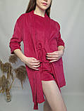 Жіночий велюровий домашній комплект трійка халат футболка шорти малиновий, фото 5