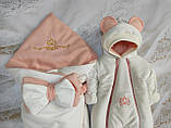 Демісезонний велюровий комбінезон + конверт ковдра з вишивкою для новонароджених, білий з персиковим, фото 3