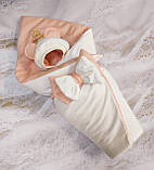 Демісезонний велюровий комбінезон + конверт ковдра з вишивкою для новонароджених, білий з персиковим, фото 4