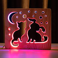 Світильник нічник ArtEco Light з дерева LED "Кіт та песик" з пультом та регулюванням кольору, подвійний RGB