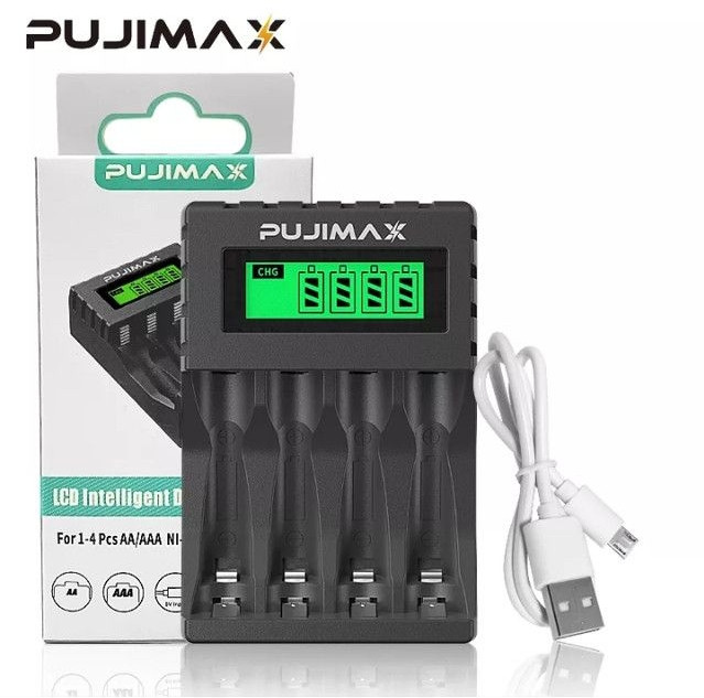 Зарядний пристрій PUJIMAX із РК-дисплеєм, 4 слота, інтелектуальна швидка зарядка для 1,2 В AA/AAA NiCd NiMH акумул.