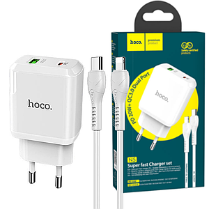 Швидке заряджання 20W HOCO N5 Favor 1xUSB/1xType-C з кабелем Type-C to Apple Lightning White