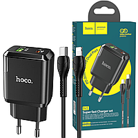 Быстрая зарядка 20W HOCO N5 Favor 1xUSB / 1xType-C с кабелем Type-C to Apple Lightning Black