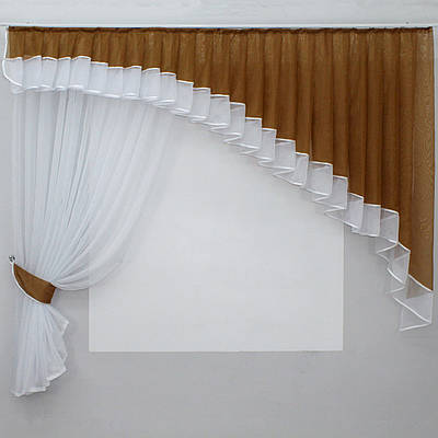 Кухонний комплект (200х170см.), шторка з ламбрекеном. Колір коричневий з білим. Код 062к 50-452