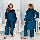 Жіночий домашній комплект-трійка велюр (халат + футболка + штани) Батал No 3615
