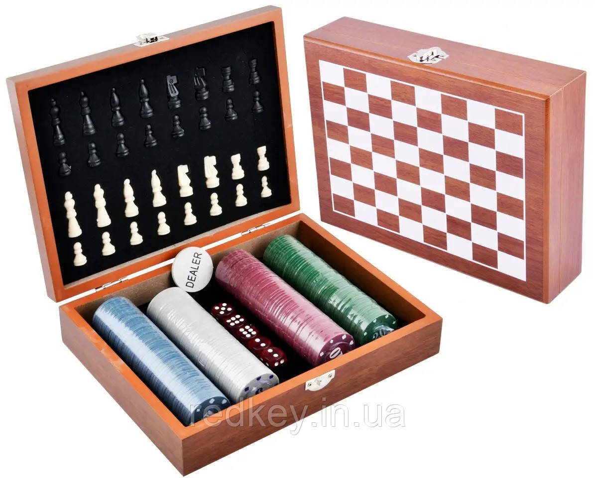 Ігровий набір Сhess Set шахи покерні фішки 200шт ральні кубики в дерев'яному кейсі