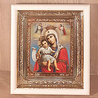 Икона Достойно есть Пресвятая Богородица, лик 10х12 см, в белом прямом деревянном киоте
