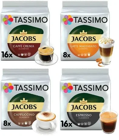 Мікс! Кава в капсулах Tassimo Jacobs Espresso, Caramel, Cappuccino, Crema Тассімо 4 уп