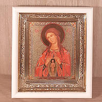 Икона Помощница в родах Пресвятая Богородица, лик 10х12 см, в белом прямом деревянном киоте