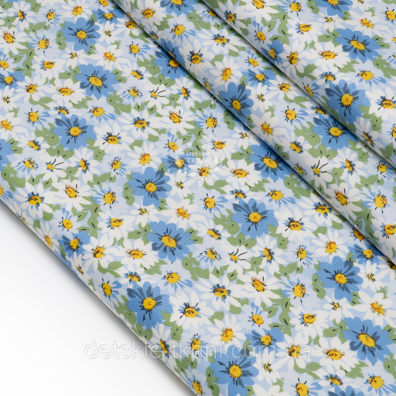 Сатин "Блакитні та білі ромашки", №4418с, фото 1