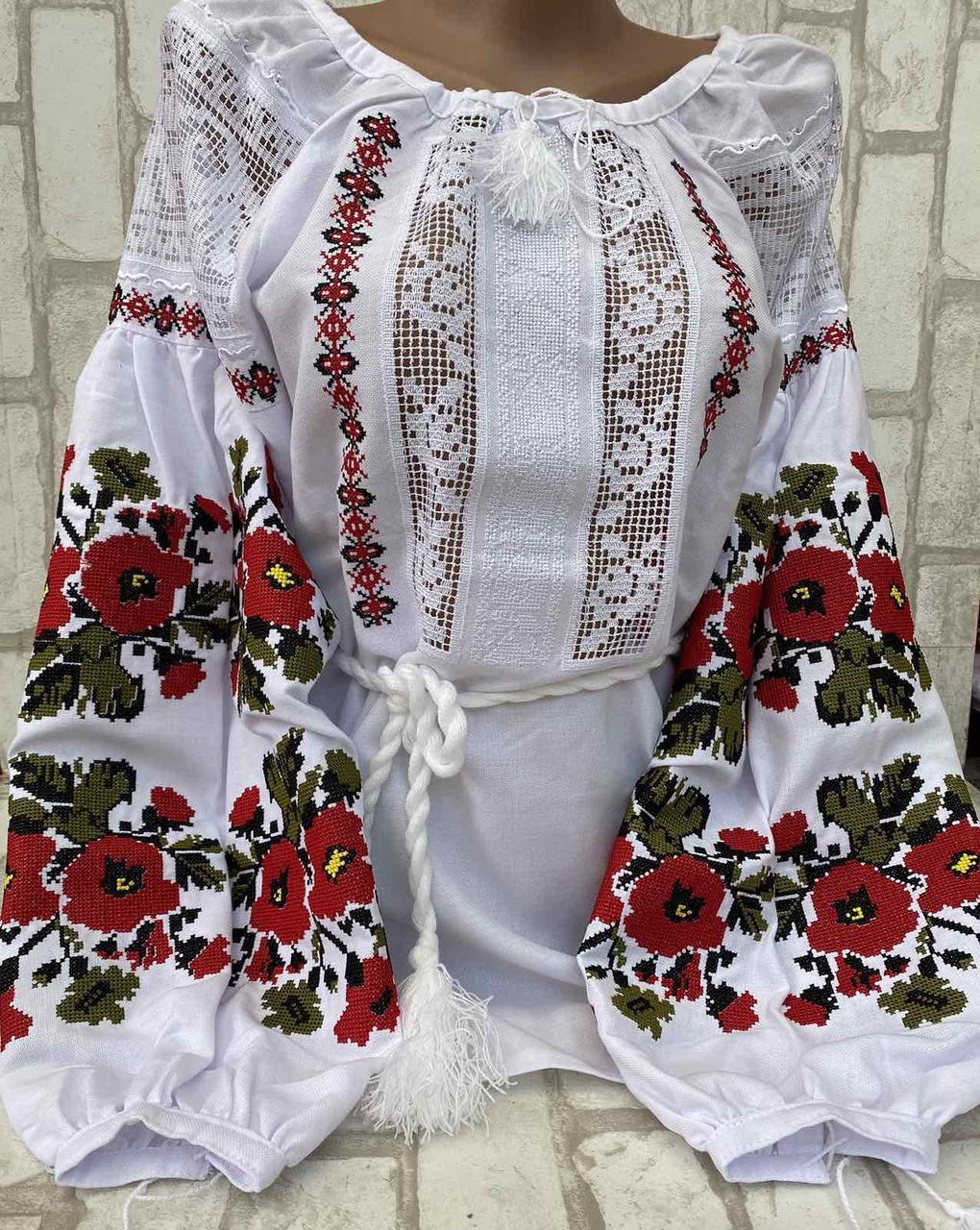 Жіноча вишиванка на домотканому полотні з мережкою 42-58 р-ри, фото 1
