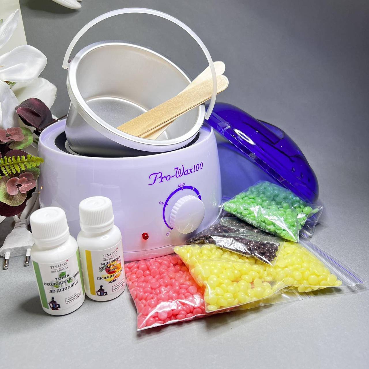 Набір для депіляції 4 воски по 50 г, засоби TINAFOX по 30 мл і воскоплав Pro-wax 100