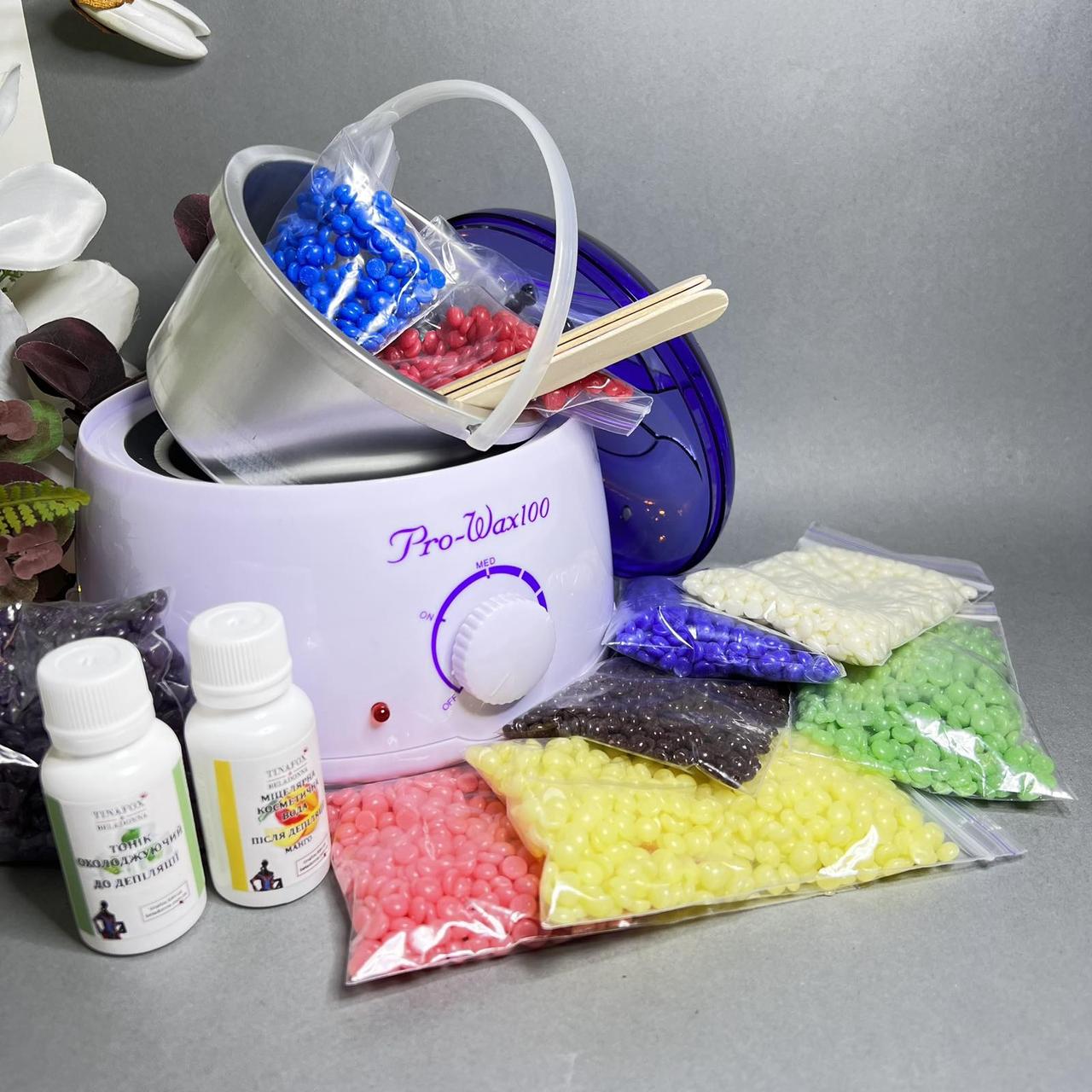 Набір для депіляції 10 восків по 50 г, засоби TINAFOX по 30 мл і воскоплав Pro-wax 100