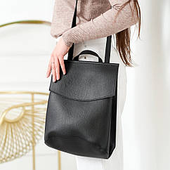Сумка рюкзак чорного кольору трансформер для ноутбука з еко-шкіри молодіжний жіночий чорний рюкзак з клапаном