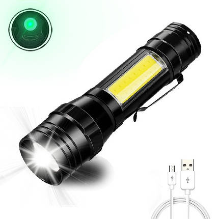 Ліхтар ручний BL-T6-19 T6+COB універсальний із зарядкою USB, з фокусуванням, бічне світло, кліпса, фото 1