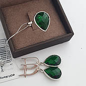 Срібний комплект сережки та каблучка з великими зеленими камінцями