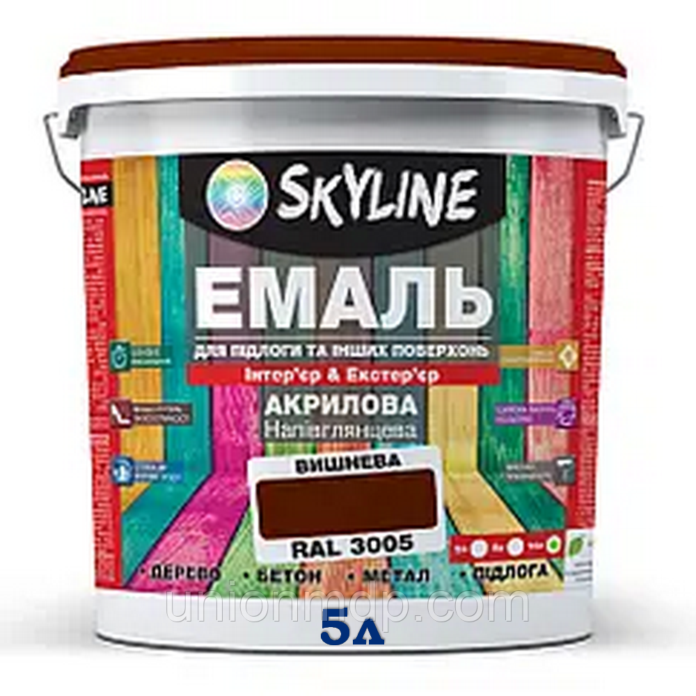 Емаль напівглянсова вишнева (RAL 3005) для підлоги та інших поверхонь SkyLine, 5 л