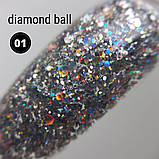 Гель лак з глітером, лусочками, блискітками срібло Diamond Ball для нігтів Global Fashion 8 ml №001, фото 3