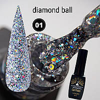 Гель лак с глиттером, чешуйками, блестками серебро diamond ball для ногтей Global Fashion 8 ml №001