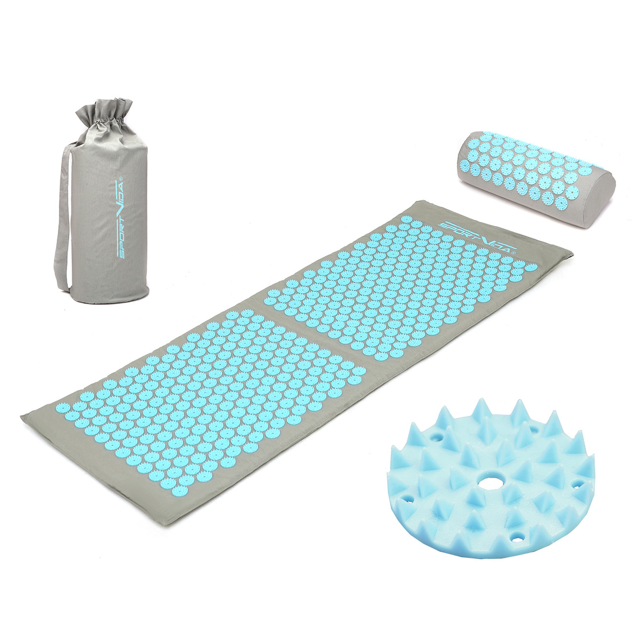 Килимок акупунктурний із валиком SportVida Аплікатор Кузнєцова 130 x 50 см SV-HK0410 Grey/Sky Blue Poland