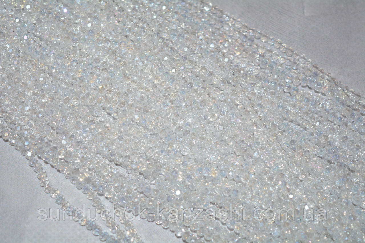 Грановані скляні намистини 3,6*4,5 мм, колір- прозорі АВ ,1-нитка ≈125-130 шт