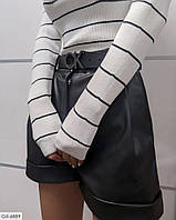 Модные короткие женские шорты в молодежном стиле из эко кожи с завышенной талией повседневные черные арт 2220