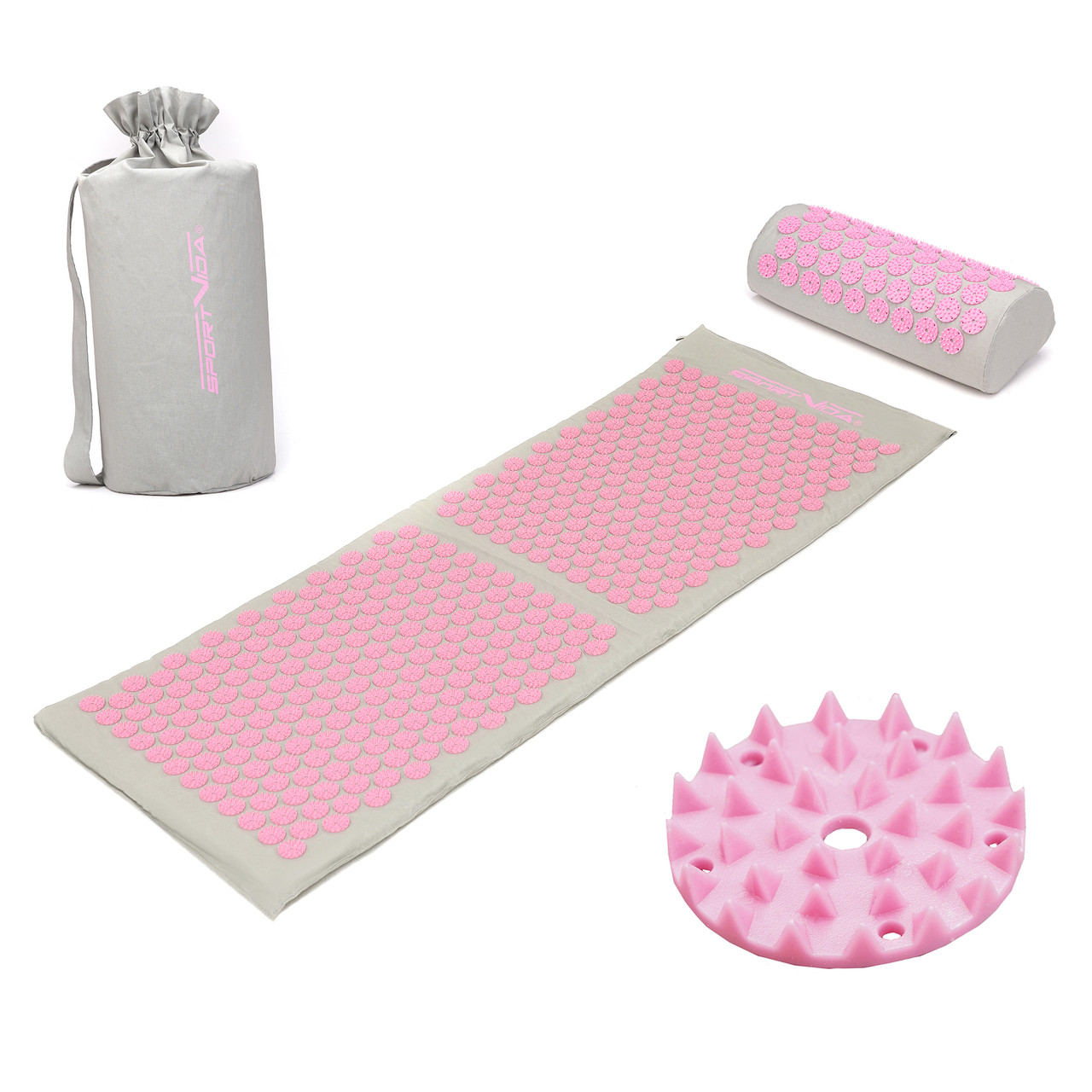 Килимок акупунктурний із валиком SportVida Аплікатор Кузнєцова 130 x 50 см SV-HK0409 Grey/Pink Poland