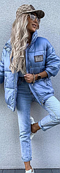 Куртка жіноча стильна весна-осінь коротка стьобана утеплена, блакитна, розмір 46/48