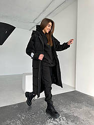 Довга жіноча жилетка тепла з капюшоном дута стьобана з плащової тканини, розмір 42/44, 46/48, чорна