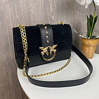 Женская мини сумочка клатч замшевая Pinko черная, сумка на плечо натуральная замша Пинко птичкиTT